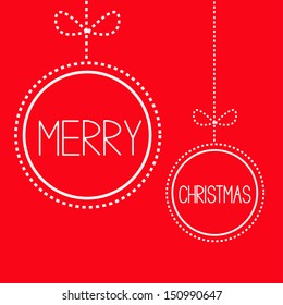 Two hanging red Christmas balls with bow. Card. Vector Illustration
