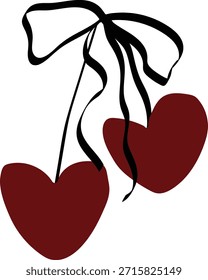 Dos corazones rojos colgantes con lazo de cinta	