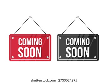 Dos Iniciar sesión colgantes en rojo y negro con texto "Coming Soon" para lanzamientos comerciales. Gráficos de stock de Vector.