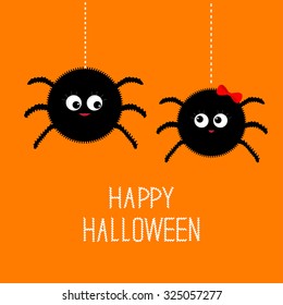 Two hanging spider insect family couple. Boy Girl. Happy Halloween card. Flat design Vector illustration.