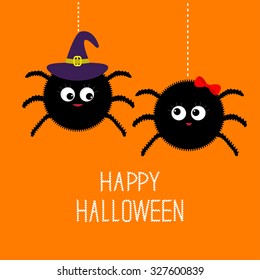 Two hanging spider insect family couple. Boy Girl. Witch hat. Happy Halloween card. Flat design Vector illustration.