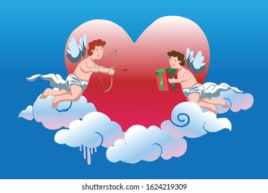 Two happiness Cupids are flying on blue sky with heart background they are holding a bow and giftbox, design for web banner, poster and valentine card.