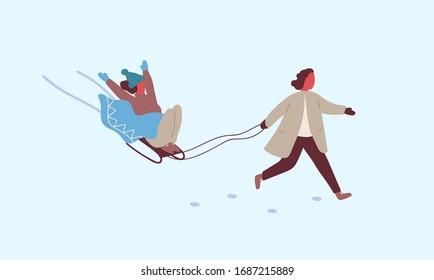 Two happy active woman enjoying sledding together isolated on white. Joyful female riding slide during outdoors activity at winter park. Cartoon friend have healthy lifestyle and positive emotion