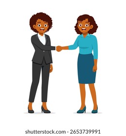 Duas empresárias afro-americanas felizes apertando as mãos para concordar com a ilustração em desenho animado de parceria
