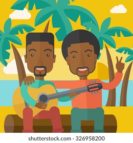 Two happy african-american men sitting on a log playing a guitar at the beach under palm trees vector flat design illustration. Square layout.