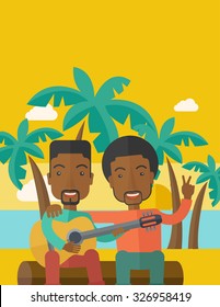 Two happy african-american men  sitting on a log playing a guitar at the beach under palm trees vector flat design illustration. Vertical layout with a text space.