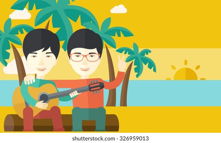 Dois homens asiáticos felizes sentados em um tronco tocando uma guitarra na praia sob palmeiras vetor plana design ilustração. Layout horizontal com um espaço de texto.