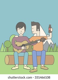 Two happy asian men sitting on a log playing a guitar. Vector line design illustration. Vertical layout with a text space for a social media post.