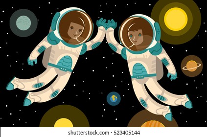 two happy astronauts in space