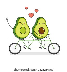 Two happy Avocado characters riding bicycle. Couple  in love. Happy Valentine's day vector card