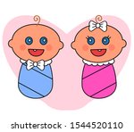 Two happy babies on a pink background. Vector illustration.