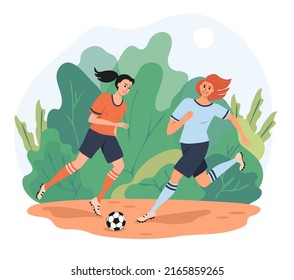 Two happy beautiful young girls soccer players playing with the ball outdoors. Woman play football in the park. Colorful female character and nature isolated on white background. Vector illustration.