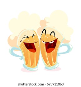 Two happy beer glasses with light beer. Best friends. Vector illustration isolated on a white background.