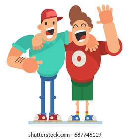 Two happy best friend vector character. Friendship adult men illustration in a cartoon flat style isolated on a white background.
