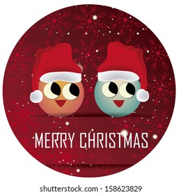 two happy birds with red hats in a red circle with snowflakes