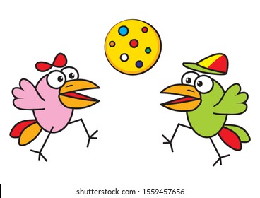 Two happy birds and yellow polka dot balloon, funny vector illustration