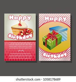 two happy birthday template with gift box and cake