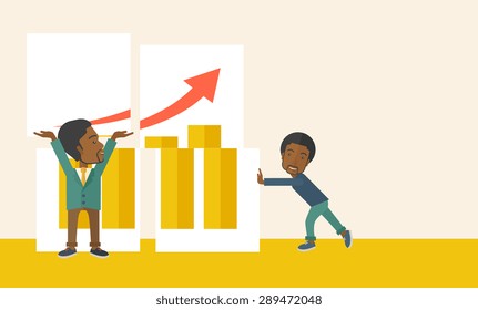 Two happy black businessmen are both successful in business that shows in the graph. Business growth concept. A Contemporary style with pastel palette, soft beige tinted background. Vector flat design
