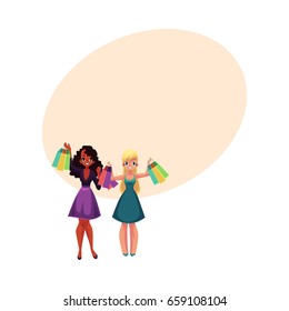 Two happy black and Caucasian women, girls, friends with shopping bags, cartoon vector illustration with space for text. Couple of girls, women with shopping bags, happy shopping concept