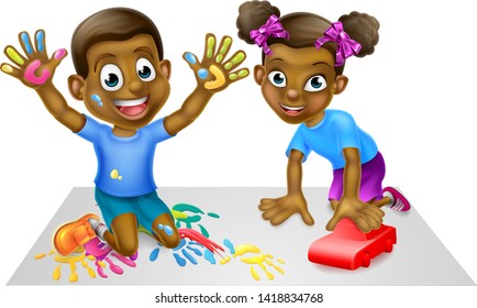 Two happy black children playing together with paint and toy car.