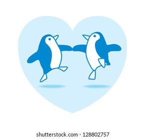 Two Happy Blue Penguins Dancing in a Blue Heart on White Background