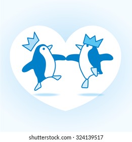 Two Happy Blue Penguins wearing Party Hats Dancing on White Heart over Pale Blue Background