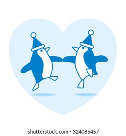 Two Happy Blue Santa Penguins Dancing with Blue Heart on White Background