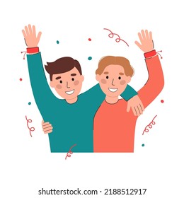 Two happy boys in friendship bracelets vector flat illustration. International Friendship Day banner design. Smiling people and confetti isolated on white background. DIY wristband for friends