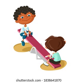 Two happy boys having fun on seesaw at playground. Cartoon vector illustration isolated on white background