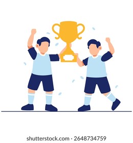Two happy boys holding a trophy after a soccer game, symbolizing achievement, success, teamwork, and the spirit of sportsmanship in a cheerful celebration.