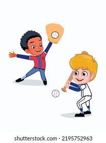 Dos chicos felices jugando al béisbol como ilustración de caricatura