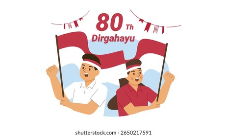 Dois meninos felizes agitando orgulhosamente bandeiras da Indonésia celebrando o Dia da Independência juntos