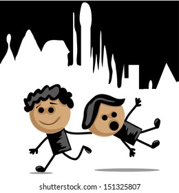 two happy boys running fast with a white city behind them
