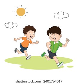 Two happy boys running on ground vector illustration
