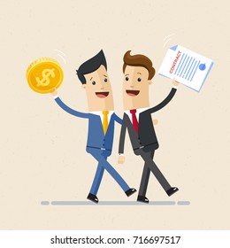 Two happy business men, partners. One businessman hold contract in hand and another hold golden coin, money in hand. Success business, contract, deal. Vector, illustration, flat