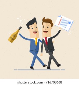 Two happy business men, partners going to celebrate a deal. One businessman with contract in hand, and another with champagne. Success business, contract, deal. Vector, illustration, flat