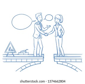 Two happy business people shaking hands after bulding a bridge to each other. Concept for meeting on a middle ground for contract negotiations. Hand drawn line art cartoon vector illustration.