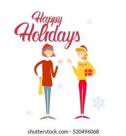 Two Happy Business Woman Hold Present Box Gift Merry Christmas And Happy New Year Flat Vector Illustration
