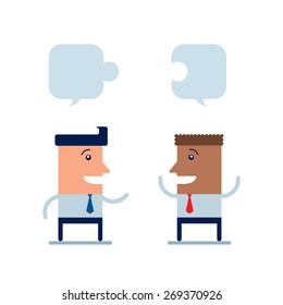 Two happy businessman discuss their work and collecting a puzzle Partnership successful business concept