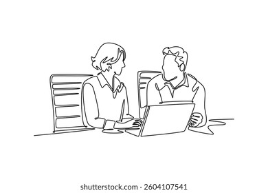 Two happy busy professional executives team business people working together on laptop. Technology in business concept. Single line draw design. Vector graphic illustration