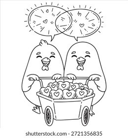 Two happy cartoon chicks pushing a cart full of heart shapes chicken bird