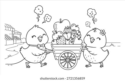 Dos pollitos felices de la historieta que empujan un Carrito lleno de pájaros frutales