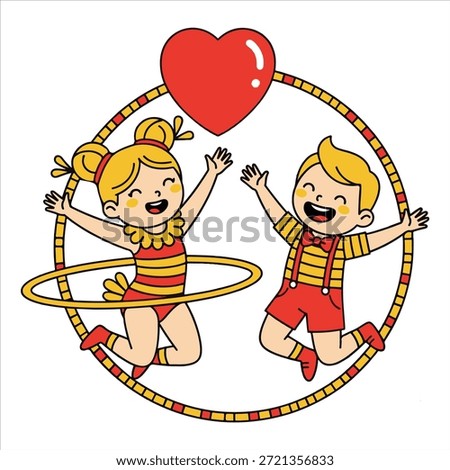Two happy cartoon children jumping inside a hoop with a heart girl