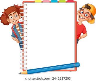 Two happy cartoon children with a large blank notebook