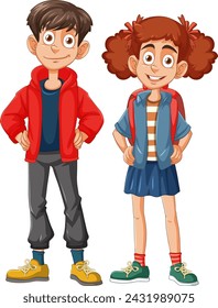Two happy cartoon children standing side by side.