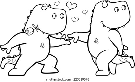 Two happy cartoon dinosaurs in love with each other.