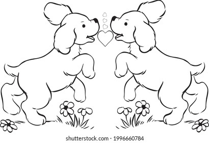 Two happy cartoon dogs in love with each other.