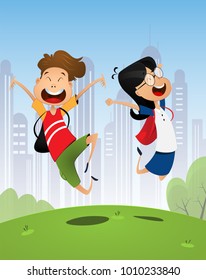 Two Happy Cartoon Pupils, Boy And Girl. Back To School. Vector Illustration.