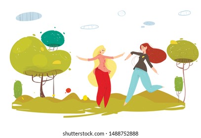 Two Happy Cartoon Woman Rest on Nature. Craft People Characters. Joyful Female Friends Having Fun in Garden or Forest. Trees, Grass under Sky Scene. Leisure and Recreation. Vector Flat Illustration