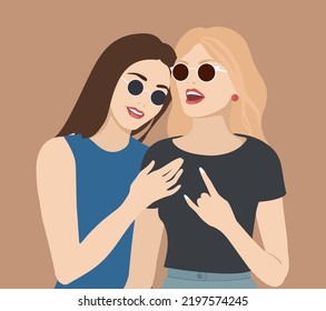 Two happy cartoon women hugging. Abstract Modern Silhouettes. Smiling Friends, sisters, girlfriends embracing, wrapping arms around each other flat vector. Love, friendship, affection concept